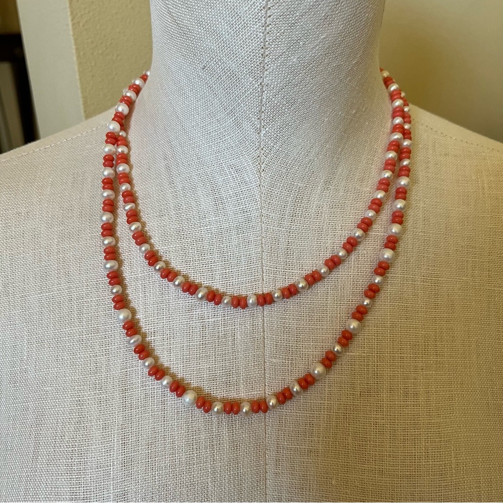Pearl and Coral Color Long Beaded Necklace
